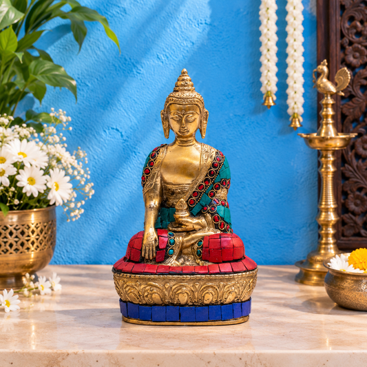 Brassaura® Buddha Sitting in Bhumisparsha Mudra with Turquoise, Red & Blue Inlay and Antique Gold Finish | Pure Superfine Brass Handcrafted Murti | Brass Statue for Home Temple, Pooja Room | Height 7 Inches | Weight 1 Kg