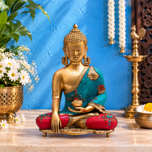 Brassaura® Buddha Sitting in Bhumisparsha Mudra with Turquoise & Red Inlay and Antique Gold Finish | Pure Superfine Brass Handcrafted Murti | Brass Statue for Home Temple, Pooja Room | Height 16 Inches | Weight 10.4 Kgs