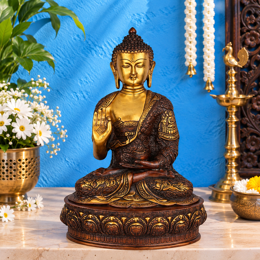 Brassaura® Buddha Sitting in Abhaya Mudra with Antique Brown & Gold Finish and Intricate Robe Detailing | Pure Superfine Brass Handcrafted Murti | Brass Statue for Home Temple, Pooja Room | Height 14 Inches | Weight 7.5 Kgs