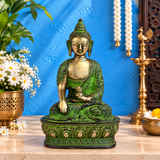 Brassaura® Buddha Sitting in Bhumisparsha Mudra with Green Antique Finish & Gold Highlights | Pure Superfine Brass Handcrafted Murti | Brass Statue for Home Temple, Pooja Room | Height 7 Inches | Weight 1 Kg