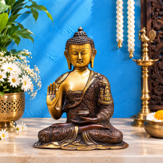Brassaura® Buddha Sitting in Abhaya Mudra with Antique Brown, Black & Gold Finish and Intricate Robe Detailing | Pure Superfine Brass Handcrafted Murti | Brass Statue for Home Temple, Pooja Room | Height 11 Inches | Weight 4.5 Kgs