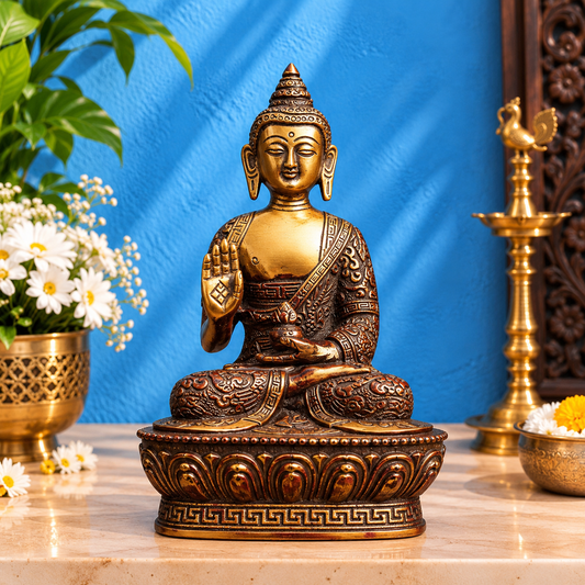 Brassaura® Buddha Sitting in Abhaya Mudra with Antique Brown & Gold Finish | Pure Superfine Brass Handcrafted Murti | Brass Statue for Home Temple, Pooja Room | Height 7 Inches | Weight 1 Kg