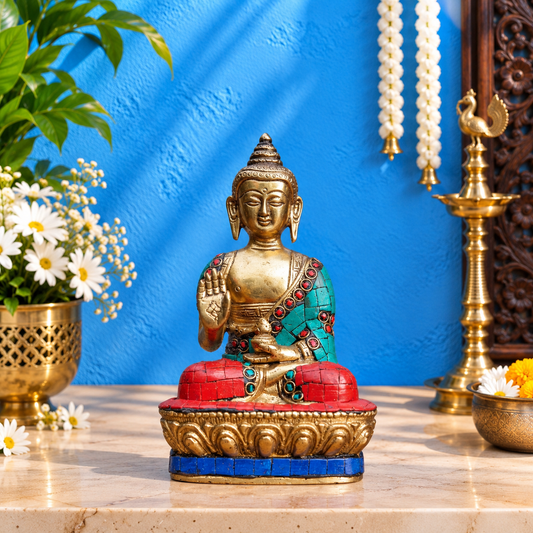 Brassaura® Buddha Sitting in Abhaya Mudra with Turquoise, Red & Blue Inlay and Antique Gold Finish | Pure Superfine Brass Handcrafted Murti | Brass Statue for Home Temple, Pooja Room | Height 7 Inches | Weight 1 Kg