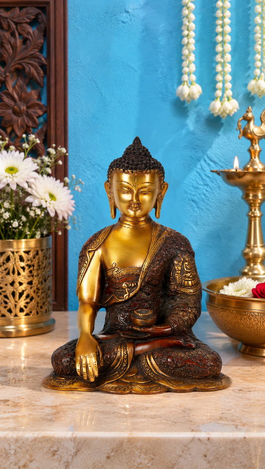 Brassaura® Buddha Bhumisparsha Mudra Sitting Idol with Antique Black & Gold Finish | Pure Superfine Brass Handcrafted Murti | Brass Statue for Home Temple, Pooja Room | Height 11 Inches | Weight 5 Kgs