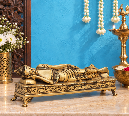 Brassaura® Reclining Buddha in Nirvana Pose with Antique Gold Finish & Intricate Engraved Detailing | Pure Superfine Brass Handcrafted Murti | Brass Statue for Home Temple, Pooja Room | Height 3 Inches | Weight 1.9 Kgs