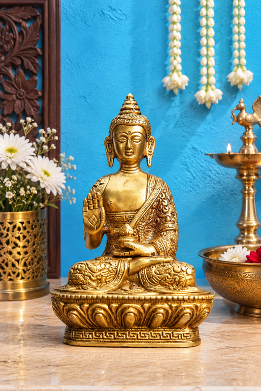 Brassaura® Buddha Sitting in Abhaya Mudra with Intricate Robe Detailing and Antique Gold Finish | Pure Superfine Brass Handcrafted Murti | Brass Statue for Home Temple, Pooja Room | Height 7 Inches | Weight 1 Kg