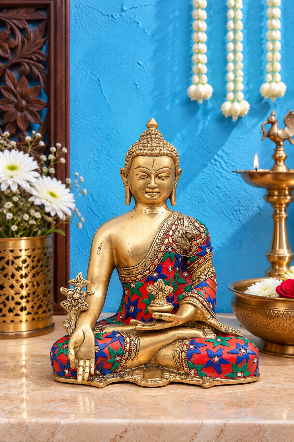 पीतल भूमिसपर्शा रत्न जड़ित बहुरंगी बुद्ध वज़न 4.2 किग्रा और ऊँचाई 10 इंच
