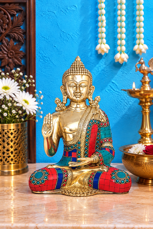 Brassaura® Buddha Sitting in Abhaya Mudra with Turquoise, Red & Blue Inlay and Silver & Gold Finish | Pure Superfine Brass Handcrafted Murti | Brass Statue for Home Temple, Pooja Room | Height 9.5 Inches | Weight 3.4 Kgs