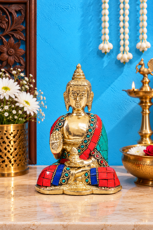 Brassaura® Buddha Sitting in Abhaya Mudra with Turquoise, Red & Blue Inlay and Antique Gold Finish | Pure Superfine Brass Handcrafted Murti | Brass Statue for Home Temple, Pooja Room | Height 5 Inches | Weight 0.65 Kgs