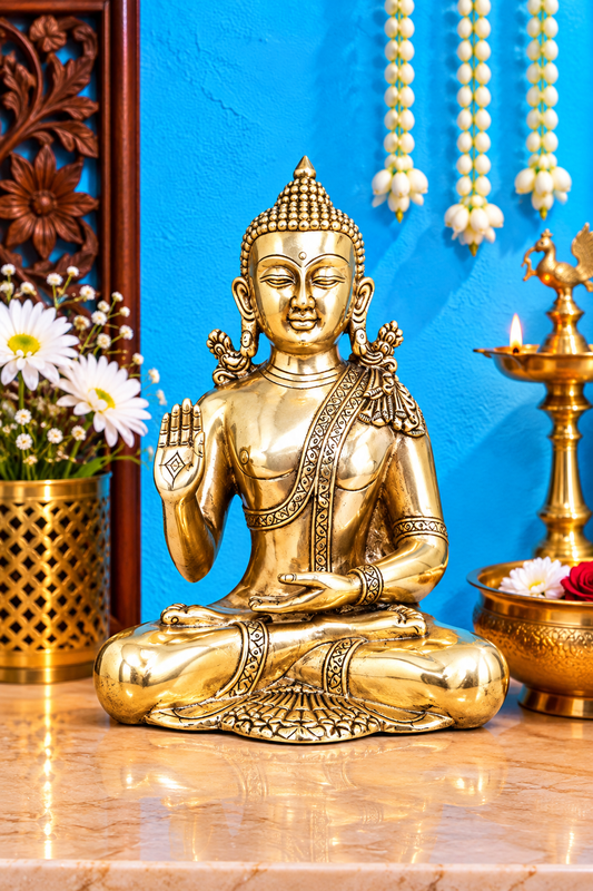 Brassaura® Buddha Sitting in Abhaya Mudra with Antique Silver & Gold Finish and Intricate Robe Detailing | Pure Superfine Brass Handcrafted Murti | Brass Statue for Home Temple, Pooja Room | Height 9.5 Inches | Weight 3.4 Kgs