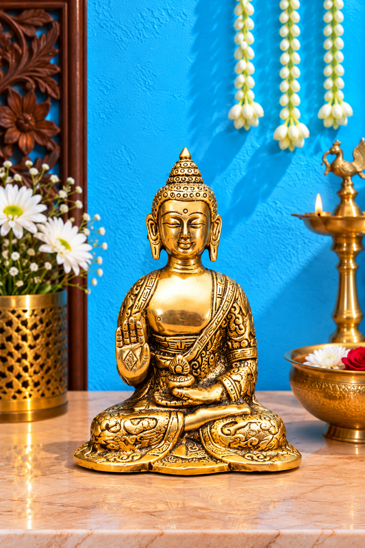 Brassaura® Buddha Sitting in Abhaya Mudra with Antique Gold Finish & Intricate Robe Detailing | Pure Superfine Brass Handcrafted Murti | Brass Statue for Home Temple, Pooja Room | Height 5 Inches | Weight 0.65 Kgs