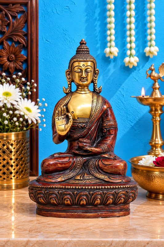 Brassaura® Buddha Sitting in Abhaya Mudra with Antique Brown, Red & Gold Finish | Pure Superfine Brass Handcrafted Murti | Brass Statue for Home Temple, Pooja Room | Height 6.25 Inches | Weight 0.95 Kgs