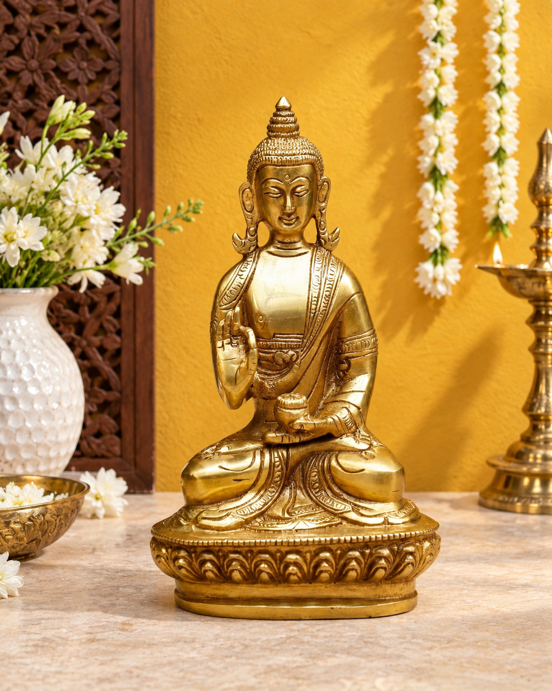 ब्रास ब्लेसिंग बुद्धा, वज़न 0.95 किलोग्राम और ऊंचाई 6.25 इंच