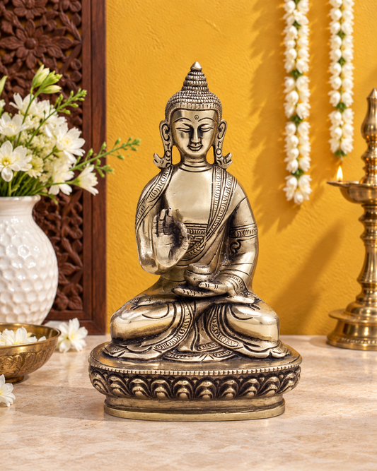 Brassaura® Buddha Sitting in Abhaya Mudra with Antique Gold & Silver Finish and Intricate Robe Detailing | Pure Superfine Brass Handcrafted Murti | Brass Statue for Home Temple, Pooja Room | Height 6.25 Inches | Weight 0.95 Kgs
