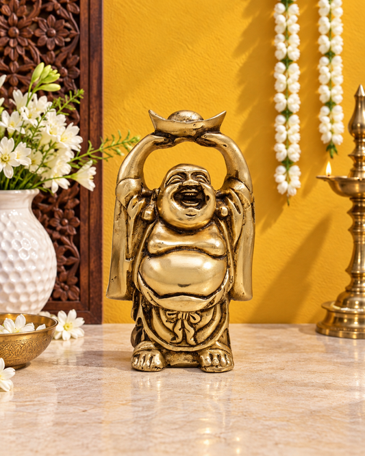 Brassaura® Laughing Buddha Standing Idol with Antique Gold Finish and Intricate Traditional Detailing | Pure Superfine Brass Handcrafted Murti | Brass Statue for Home Temple, Pooja Room | Height 3.5 Inches | Weight 0.4 Kgs