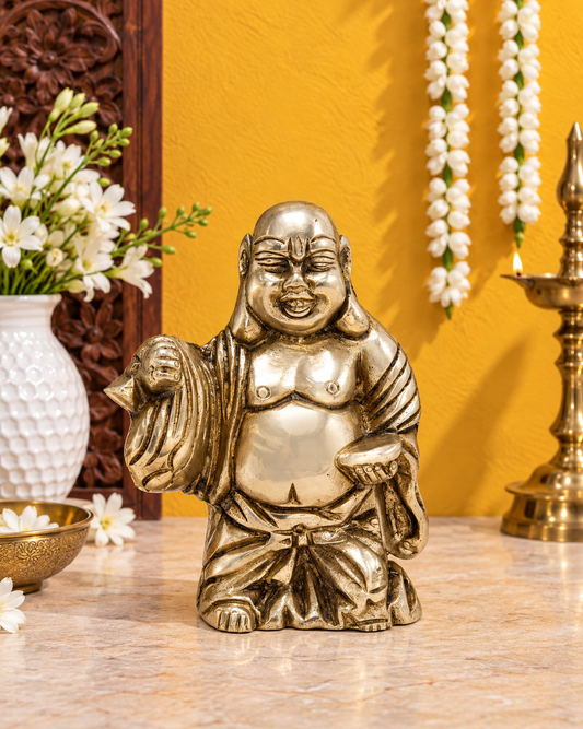 Brassaura® Laughing Buddha Standing Idol with Sack & Bowl and Antique Gold Finish | Pure Superfine Brass Handcrafted Murti | Brass Statue for Home Temple, Pooja Room | Height 5 Inches | Weight 1.2 Kgs