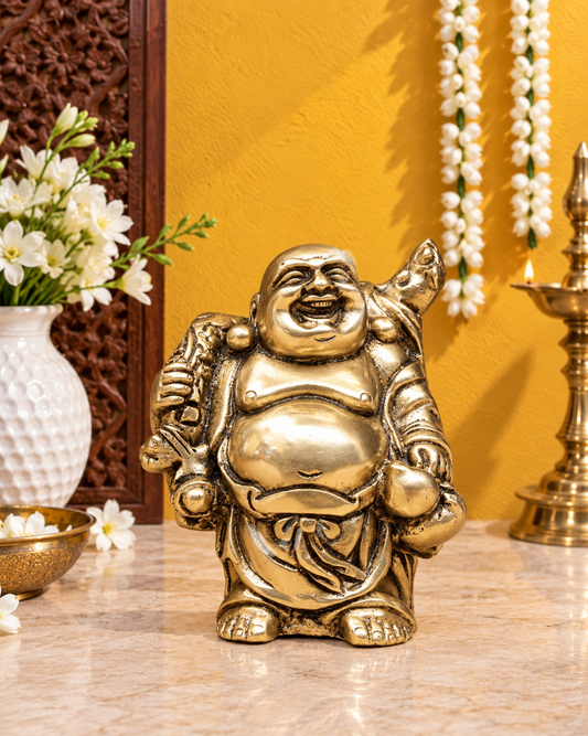 Brassaura® Laughing Buddha Standing Idol with Double Sack & Antique Gold Finish | Pure Superfine Brass Handcrafted Murti | Brass Statue for Home Temple, Pooja Room | Height 3.5 Inches | Weight 0.4 Kgs