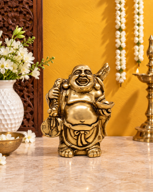 Brassaura® Laughing Buddha Standing Idol with Sack & Bowl and Antique Gold Finish | Pure Superfine Brass Handcrafted Murti | Brass Statue for Home Temple, Pooja Room | Height 3.5 Inches | Weight 0.4 Kgs