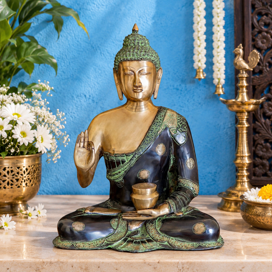 Brassaura® Buddha Sitting in Abhaya Mudra with Black, Green & Antique Gold Finish | Pure Superfine Brass Handcrafted Murti | Brass Statue for Home Temple, Pooja Room | Height 23 Inches | Weight 20 Kgs