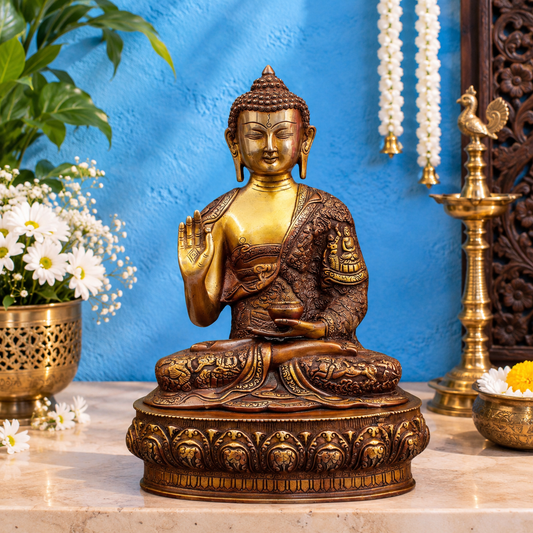Brassaura® Buddha Sitting in Abhaya Mudra with Antique Brown & Gold Finish and Intricate Robe Detailing | Pure Superfine Brass Handcrafted Murti | Brass Statue for Home Temple, Pooja Room | Height 14 Inches | Weight 7.5 Kgs