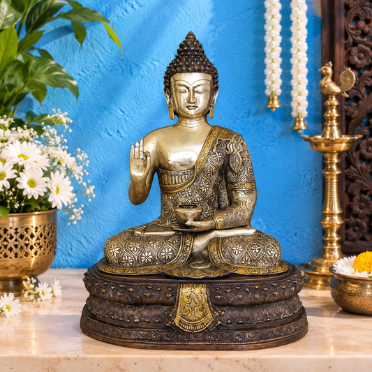 Brassaura® Buddha Sitting in Abhaya Mudra with Silver & Gold Finish and Intricate Floral Engraving | Pure Superfine Brass Handcrafted Murti | Brass Statue for Home Temple, Pooja Room | Height 20 Inches | Weight 20 Kgs