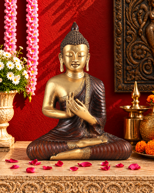 Brassaura® Buddha Sitting in Dharma Chakra Mudra with Dual Tone Antique Brass Finish | Pure Superfine Brass Handcrafted Murti | Brass Statue for Home Temple, Pooja Room | Height 14 Inches | Weight 7 Kgs