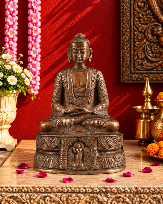 Brassaura® Buddha Sitting in Meditation Pose with Antique Bronze Finish & Intricate Carved Detailing | Pure Superfine Brass Handcrafted Murti | Brass Statue for Home Temple, Pooja Room | Height 7 Inches | Weight 1.4 Kgs