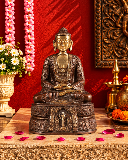 Brassaura® Buddha Sitting in Meditation Pose with Antique Bronze Finish & Intricate Carved Detailing | Pure Superfine Brass Handcrafted Murti | Brass Statue for Home Temple, Pooja Room | Height 7 Inches | Weight 1.4 Kgs