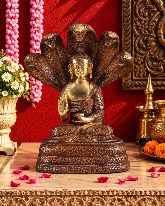 Brassaura® Blessing Buddha Seated Under Serpent Mucalinda with Antique Bronze Finish | Pure Superfine Brass Handcrafted Murti | Brass Statue for Home Temple, Pooja Room | Height 8 Inches | Weight 2.33 Kgs