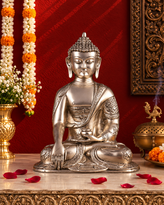 Brassaura® Silver Plated Buddha Sitting in Abhaya Mudra with Silver Finish | Pure Superfine Brass Handcrafted Murti | Brass Statue for Home Temple, Pooja Room | Height 10 Inches | Weight 2.8 Kgs