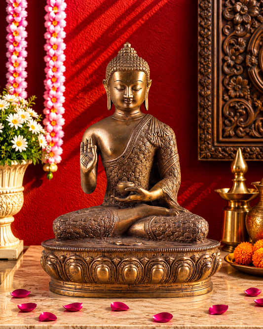 Brassaura® Antique Buddha Sitting in Abhaya Mudra with Burnt Copper Finish | Pure Superfine Brass Handcrafted Murti | Brass Statue for Home Temple, Pooja Room | Height 13.5 Inches | Weight 6.8 Kgs