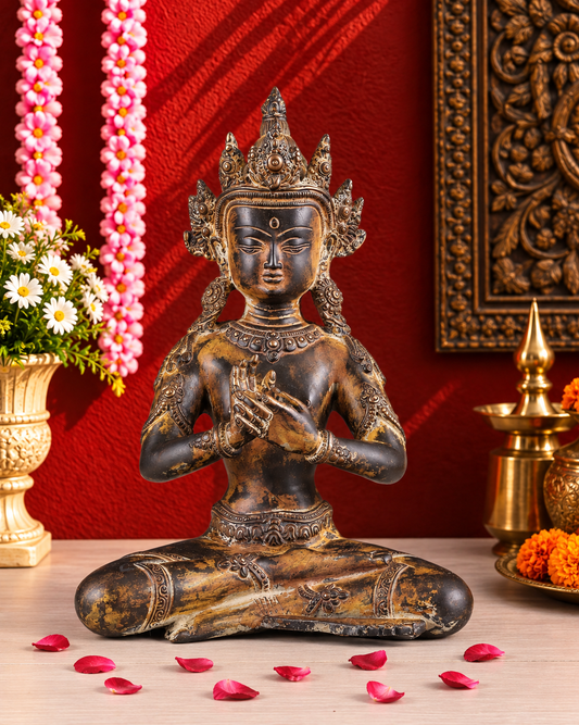 Brassaura® Vintage Buddha Sitting in Dharma Chakra Mudra with Antique Brass Finish | Pure Superfine Brass Handcrafted Murti | Brass Statue for Home Temple, Pooja Room | Height 10 Inches | Weight 3.27 Kgs