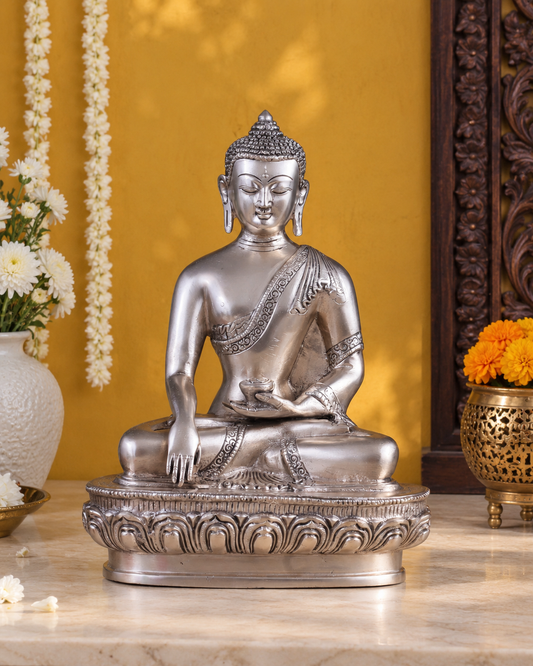 Brassaura® Buddha Sitting in Abhaya Mudra with Silver Plated Finish & Intricate Robe Detailing | Pure Superfine Brass Handcrafted Murti | Brass Statue for Home Temple, Pooja Room | Height 10 Inches | Weight 3.61 Kgs