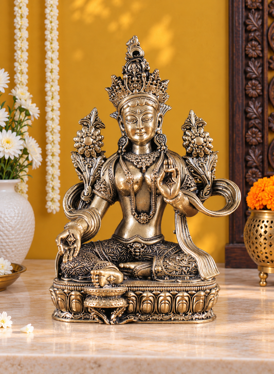 Brassaura® Green Tara Seated in Graceful Pose with Antique Silver Finish & Intricate Carved Detailing | Pure Superfine Brass Handcrafted Murti | Brass Statue for Home Temple, Pooja Room | Height 4.5 Inches | Weight 0.2 Kgs