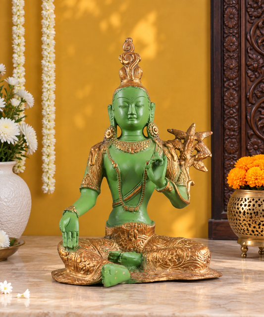 Brassaura® Green Tara Seated in Graceful Pose with Antique Sand Finish & Henna Touch | Pure Superfine Brass Handcrafted Murti | Brass Statue for Home Temple, Pooja Room | Height 10.5 Inches | Weight 2.6 Kgs