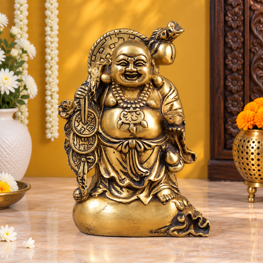Brassaura® Laughing Buddha Standing Idol with Fine Golden Finish | Pure Superfine Brass Handcrafted Murti | Brass Statue for Home Temple, Pooja Room | Height 8.5 Inches | Weight 3.12 Kgs