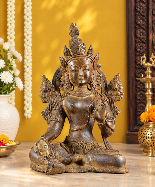Brassaura® Green Tara Seated in Graceful Pose with Vintage Antique Brass Finish | Pure Superfine Brass Handcrafted Murti | Brass Statue for Home Temple, Pooja Room | Height 10.5 Inches | Weight 3.13 Kgs