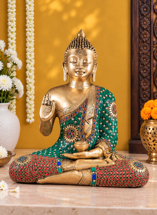 Brassaura® Buddha Sitting in Abhaya Mudra Blessing Pose with Multicolor Hand-Painted Finish | Pure Superfine Brass Handcrafted Murti | Brass Statue for Home Temple, Pooja Room | Height 14 Inches | Weight 8 Kgs