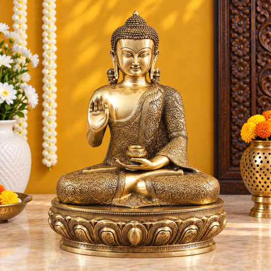 Brassaura® Brass Blessing Buddha with Akshaya Patra – Pure Superfine Brass Handcrafted Murti | Brass Statue for Home Temple, Pooja Room | Height 21 Inches | Weight 22.78 Kgs