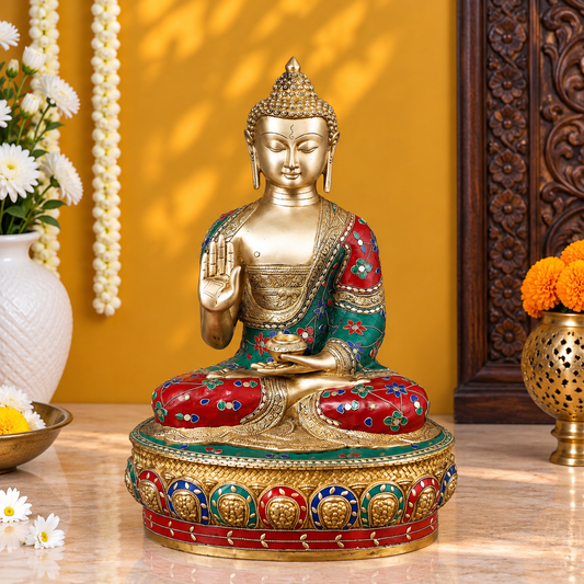 Brassaura® Buddha Seated in Abhaya Mudra Blessing Pose with Fine Golden Finish & Multicolor Stone Work | Pure Superfine Brass Handcrafted Murti | Brass Statue for Home Temple, Pooja Room | Height 20.5 Inches | Weight 18.84 Kgs