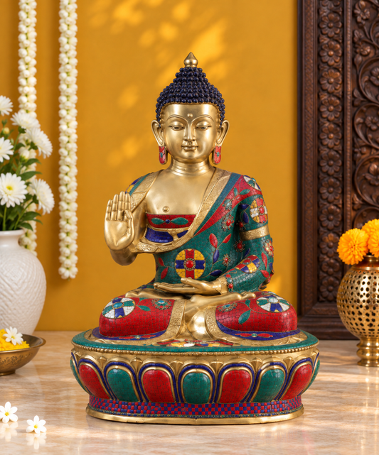 Brassaura® Brass Gem Stone Work Blessing Buddha Idol – Pure Superfine Brass Handcrafted Murti | Brass Statue for Home Temple, Pooja Room | Height 45.5 Inches | Weight 94.2 Kgs