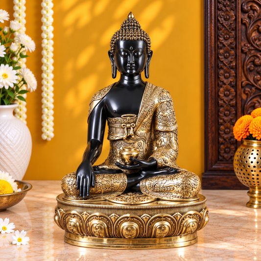 Brassaura® Buddha Sitting on Lotus Platform Black & Gold Finish | Pure Superfine Brass Handcrafted Murti | Brass Statue for Home Temple, Pooja Room | Height 33 Inches | Weight 53.020 Kgs