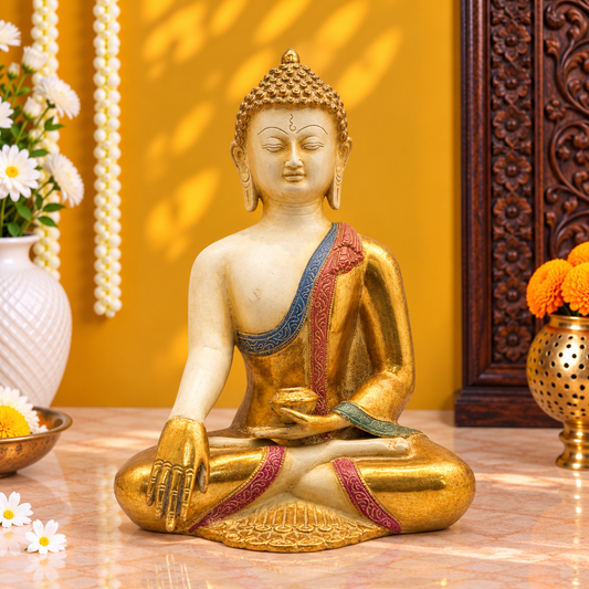 Brassaura® Buddha Seated Meditation Idol with White & Gold Patina Multicolor Finish | Pure Superfine Brass Handcrafted Murti | Brass Statue for Home Temple, Pooja Room | Height 10 Inches | Weight 3.3 Kgs