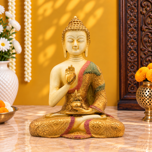 Brassaura® Buddha Seated Meditation Idol with White & Gold Patina Multicolor Finish | Pure Superfine Brass Handcrafted Murti | Brass Statue for Home Temple, Pooja Room | Height 10 Inches | Weight 3.5 Kgs