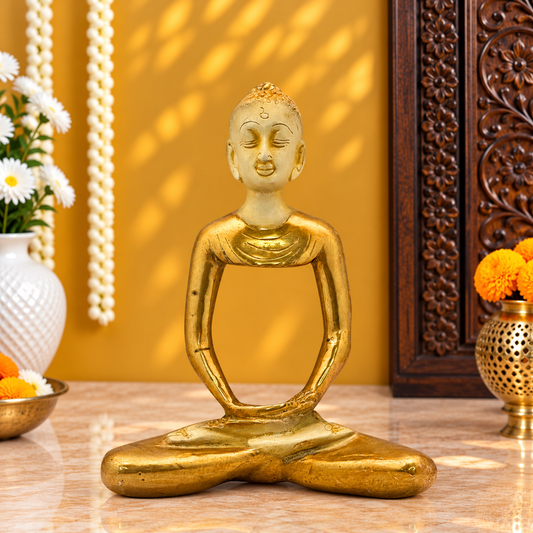 Brassaura® Buddha Seated Meditation Idol with White & Gold Patina Multicolor Finish | Pure Superfine Brass Handcrafted Murti | Brass Statue for Home Temple, Pooja Room | Height 9.5 Inches | Weight 2.4 Kgs