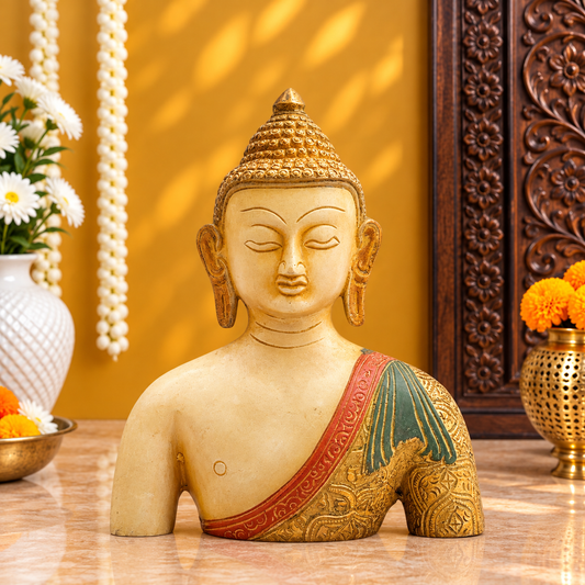 Brassaura® Buddha Seated Meditation Idol with White & Gold Patina Multicolor Finish | Pure Superfine Brass Handcrafted Murti | Brass Statue for Home Temple, Pooja Room | Height 7.5 Inches | Weight 1.6 Kgs