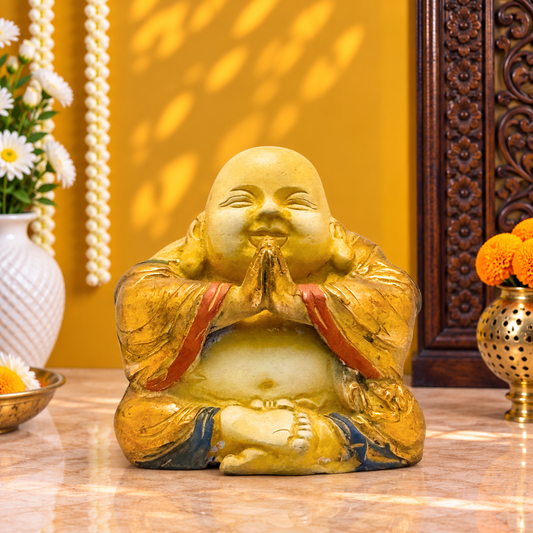 Brassaura® Lucky Laughing Buddha Idol with White & Gold Patina Multicolor Finish | Pure Superfine Brass Handcrafted Murti | Brass Statue for Home Temple, Pooja Room | Height 4 Inches | Weight 1.4 Kgs