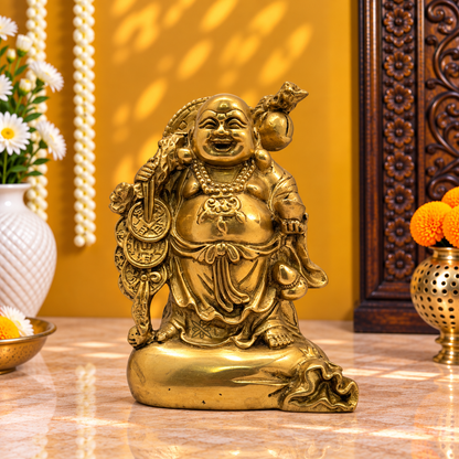 पीतल का लाफिंग बुद्धा वज़न 3.2 किग्रा और ऊँचाई 8.6 इंच