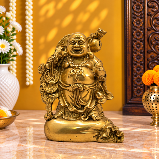 Brassaura® Laughing Buddha Idol with Polished Brass Finish | Pure Superfine Brass Handcrafted Murti | Brass Statue for Home Temple, Pooja Room | Height 8.6 Inches | Weight 3.2 Kgs