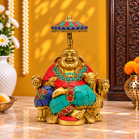 Brassaura® Laughing Buddha Idol with Polished Brass & Multicolor Gemstone Finish | Pure Superfine Brass Handcrafted Murti | Brass Statue for Home Temple, Pooja Room | Height 6.5 Inches | Weight 2 Kgs